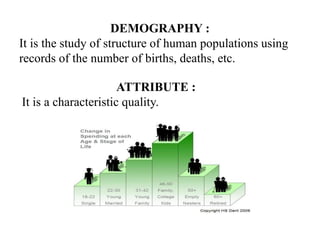 DEMOGRAPHY :
It is the study of structure of human populations using
records of the number of births, deaths, etc.
ATTRIBUTE :
It is a characteristic quality.

 