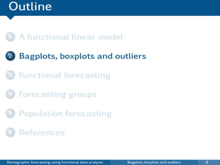 Outline

 1    A functional linear model

 2    Bagplots, boxplots and outliers

 3    Functional forecasting

 4    Forecasting groups

 5    Population forecasting

 6    References


Demographic forecasting using functional data analysis   Bagplots, boxplots and outliers   8
 