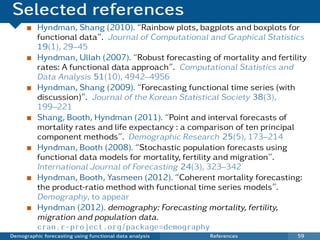 Selected references
          Hyndman, Shang (2010). “Rainbow plots, bagplots and boxplots for
          functional data”. Journal of Computational and Graphical Statistics
          19(1), 29–45
          Hyndman, Ullah (2007). “Robust forecasting of mortality and fertility
          rates: A functional data approach”. Computational Statistics and
          Data Analysis 51(10), 4942–4956
          Hyndman, Shang (2009). “Forecasting functional time series (with
          discussion)”. Journal of the Korean Statistical Society 38(3),
          199–221
          Shang, Booth, Hyndman (2011). “Point and interval forecasts of
          mortality rates and life expectancy : a comparison of ten principal
          component methods”. Demographic Research 25(5), 173–214
          Hyndman, Booth (2008). “Stochastic population forecasts using
          functional data models for mortality, fertility and migration”.
          International Journal of Forecasting 24(3), 323–342
          Hyndman, Booth, Yasmeen (2012). “Coherent mortality forecasting:
          the product-ratio method with functional time series models”.
          Demography, to appear
          Hyndman (2012). demography: Forecasting mortality, fertility,
          migration and population data.
          cran.r-project.org/package=demography
Demographic forecasting using functional data analysis   References         59
 