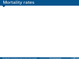 Mortality rates
                 −2
                                         Australia gmean mortality: 1950
Log death rate

                 −4
                 −6
                 −8




                      0           20                 40           60                   80   100

                                                            Age


   Demographic forecasting using functional data analysis              Forecasting groups    33
 