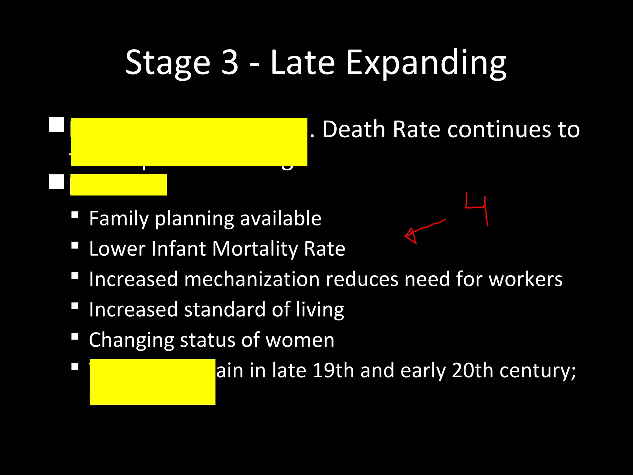Stage 3 - Late Expanding
Birth Rate starts to fall. Death Rate continues to
fall. Population rising.
Reasons:
 Family planning available
 Lower Infant Mortality Rate
 Increased mechanization reduces need for workers
 Increased standard of living
 Changing status of women
 Typical of Britain in late 19th and early 20th century;
China; Brazil.
 