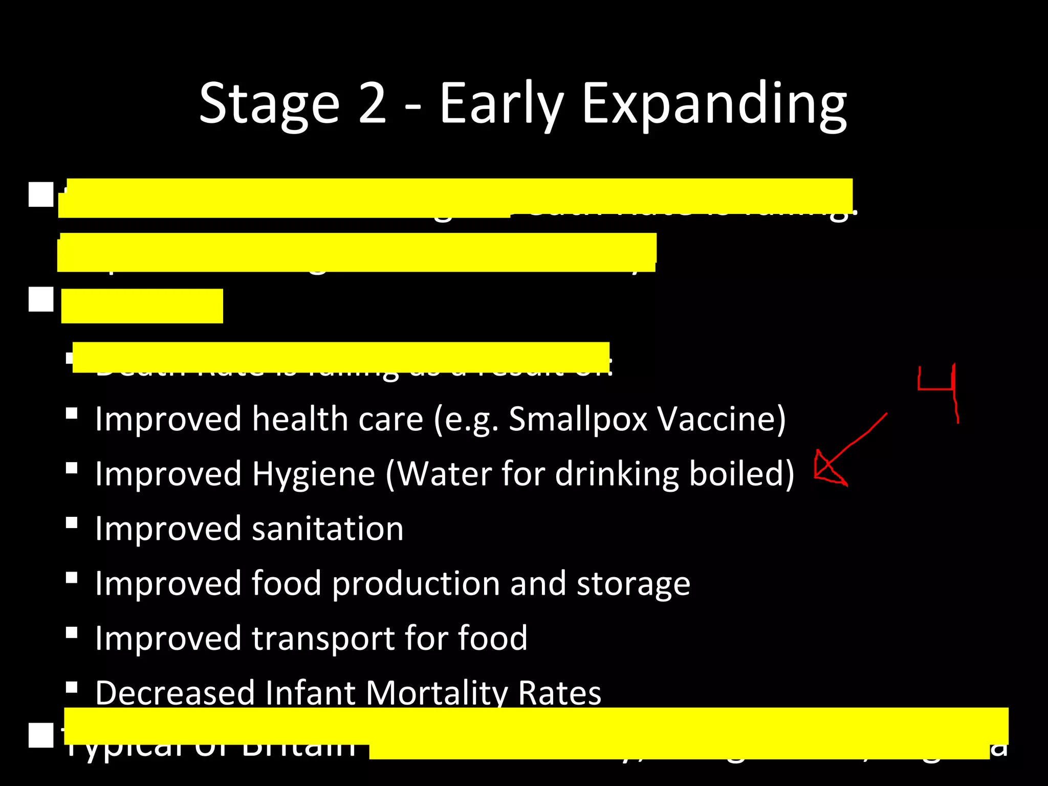 Stage 2 - Early Expanding
Birth Rate remains high. Death Rate is falling.
Population begins to rise steadily.
Reasons
 Death Rate is falling as a result of:
 Improved health care (e.g. Smallpox Vaccine)
 Improved Hygiene (Water for drinking boiled)
 Improved sanitation
 Improved food production and storage
 Improved transport for food
 Decreased Infant Mortality Rates
Typical of Britain in 19th century; Bangladesh; Nigeria
 