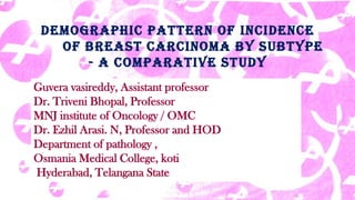 Demographic pattern of incidence 
of breast carcinoma by subtype 
-A comparative study 
Guvera vasireddy, Assistant professor 
Dr. Triveni Bhopal, Professor 
MNJ institute of Oncology / OMC 
Dr. Ezhil Arasi. N, Professor and HOD 
Department of pathology , 
Osmania Medical College, koti 
Hyderabad, TelanganaState  