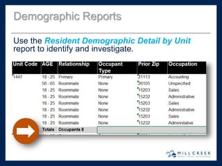 Use the Resident Demographic Detail by Unit
report to identify and investigate.
Demographic Reports
 