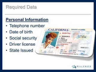 Personal Information
• Telephone number
• Date of birth
• Social security
• Driver license
• State Issued
Required Data
 