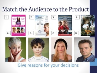 Match the Audience to the Product 
1. 2. 3. 4. 
A. B. C. D. 
Give reasons for your decisions 
 