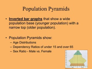 Population Pyramids
• Inverted bar graphs that show a wide
population base (younger population) with a
narrow top (older population).
• Population Pyramids show:
– Age Distributions
– Dependency Ratios of under 15 and over 65
– Sex Ratio - Male vs. Female
 