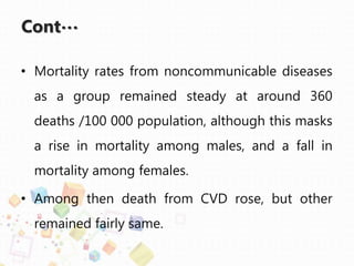 Cont…
• Mortality rates from noncommunicable diseases
as a group remained steady at around 360
deaths /100 000 population, although this masks
a rise in mortality among males, and a fall in
mortality among females.
• Among then death from CVD rose, but other
remained fairly same.
 