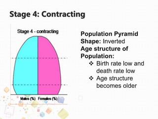 Stage 4: Contracting
Population Pyramid
Shape: Inverted
Age structure of
Population:
 Birth rate low and
death rate low
 Age structure
becomes older
 
