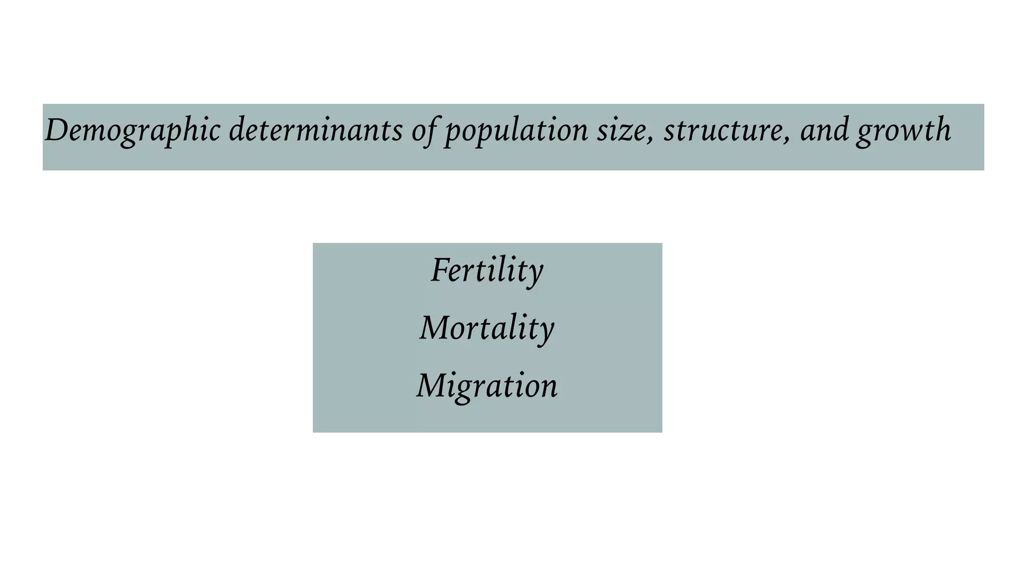 Demographic determinants of population size, structure, and growth
Fertility
Mortality
Migration
 