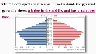 In the developed countries, as in Switzerland. the pyramid
generally shows a bulge in the middle, and has a narrower
base.
37
 
