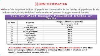 [6] DENSITY OF POPULATION
One of the important indices of population concentration is the density of population. In the
Indian census, density is defined as the number of persons, living per square kilometre.
54
 