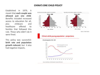 CHINA’S ONE CHILD POLICY
Established in 1979, it
meant that each couple was
allowed just one child.
Benefits included increased
access to education for all,
plus childcare and
healthcare offered to
families that followed this
rule. Those who didn’t do it
were fined.
This policy was successful:
birth rate and population
growth reduced, but it also
had negative impacts.
 