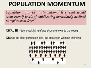 POPULATION MOMENTUM
19
Population growth at the national level that would
occur even if levels of childbearing immediately declined
to replacement level.
CAUSE – due to weighting of age structure towards the young
Once the older generation dies, the population will start shrinking
 