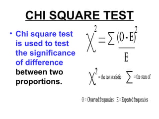CHI SQUARE TEST
• Chi square test
is used to test
the significance
of difference
between two
proportions.
 