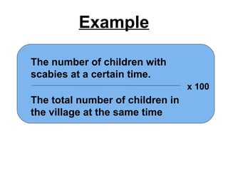 Example
The number of children with
scabies at a certain time.
The total number of children in
the village at the same time
x 100
 