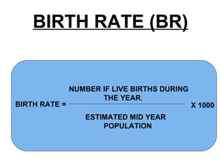 BIRTH RATE (BR)
NUMBER IF LIVE BIRTHS DURING
THE YEAR.
ESTIMATED MID YEAR
POPULATION
X 1000BIRTH RATE =
 