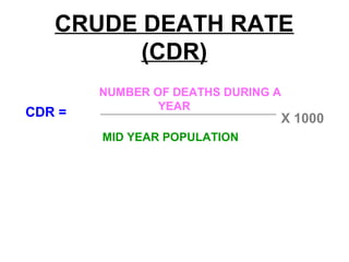 CRUDE DEATH RATE
(CDR)
NUMBER OF DEATHS DURING A
YEAR
MID YEAR POPULATION
CDR = X 1000
 