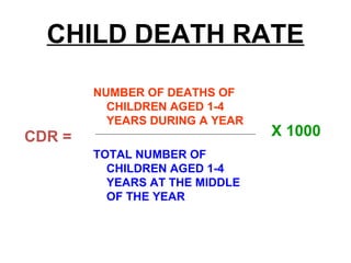 CHILD DEATH RATE
NUMBER OF DEATHS OF
CHILDREN AGED 1-4
YEARS DURING A YEAR
TOTAL NUMBER OF
CHILDREN AGED 1-4
YEARS AT THE MIDDLE
OF THE YEAR
X 1000CDR =
 