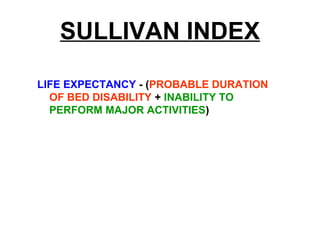 SULLIVAN INDEX
LIFE EXPECTANCY - (PROBABLE DURATION
OF BED DISABILITY + INABILITY TO
PERFORM MAJOR ACTIVITIES)
 