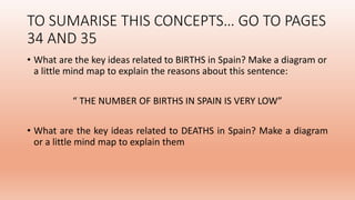 TO SUMARISE THIS CONCEPTS… GO TO PAGES
34 AND 35
• What are the key ideas related to BIRTHS in Spain? Make a diagram or
a little mind map to explain the reasons about this sentence:
“ THE NUMBER OF BIRTHS IN SPAIN IS VERY LOW”
• What are the key ideas related to DEATHS in Spain? Make a diagram
or a little mind map to explain them
 
