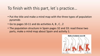 To finish with this part, let´s practice…
• Put the title and make a mind map with the three types of population
pyramids
• Go to pages 10-11 and do activities A, B , C , 2
• The population structure in Spain pages 32 and 33: read these two
parts, make a mind map about Spain and activity 1.
 