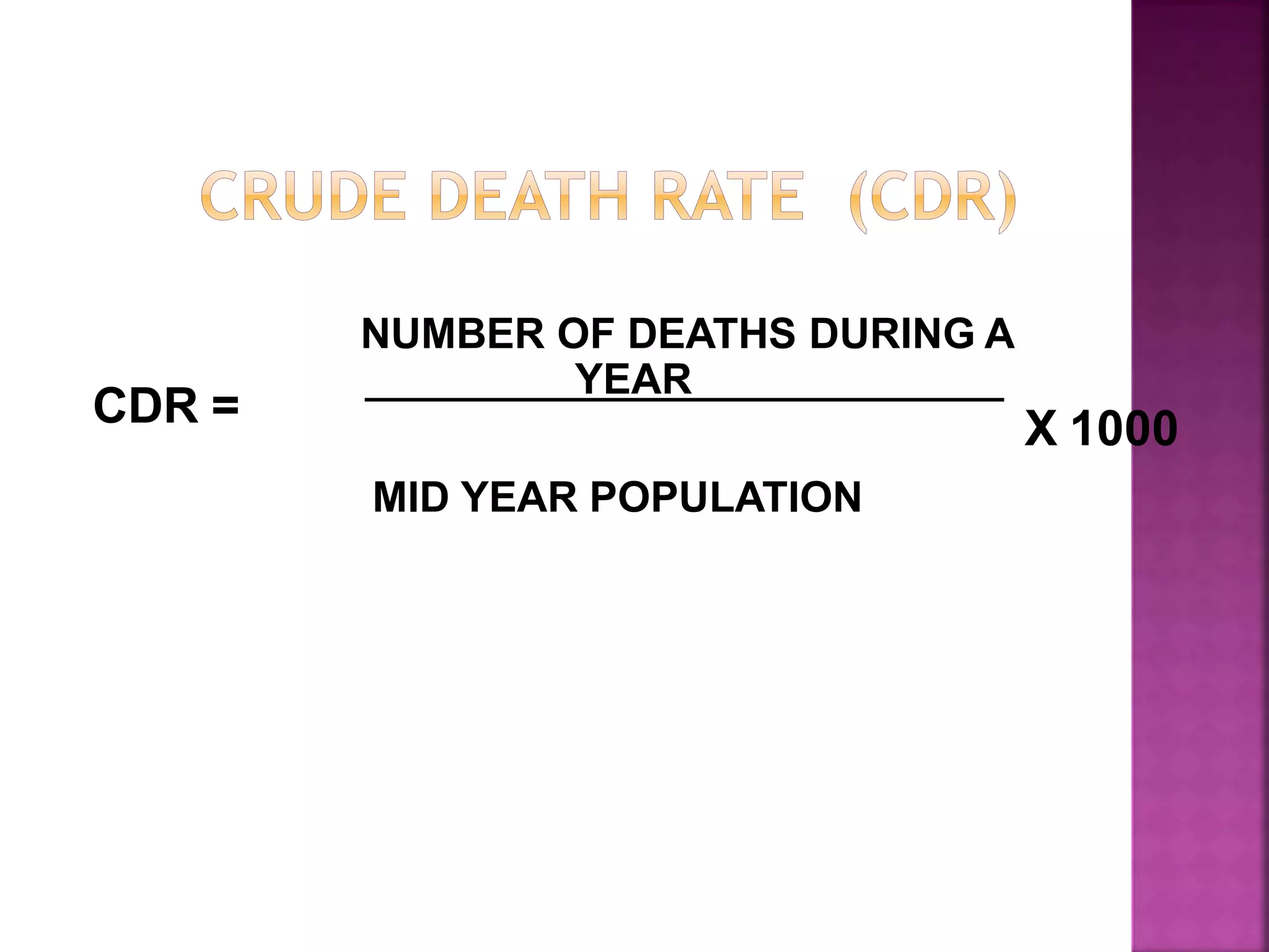 NUMBER OF DEATHS DURING A
YEAR
X 1000
MID YEAR POPULATION
CDR =
 