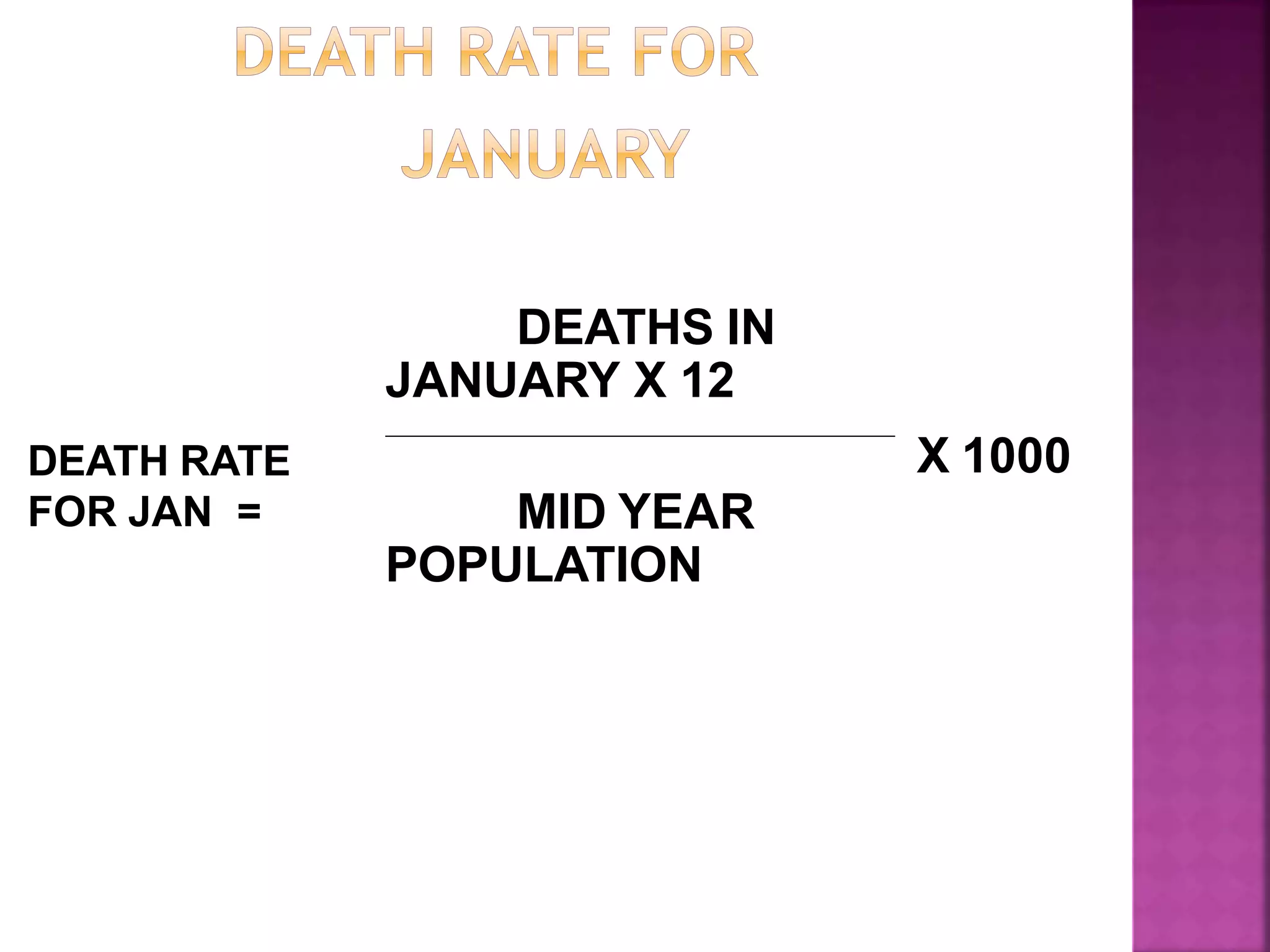 DEATHS IN
JANUARY X 12
MID YEAR
POPULATION
DEATH RATE
FOR JAN =
X 1000
 