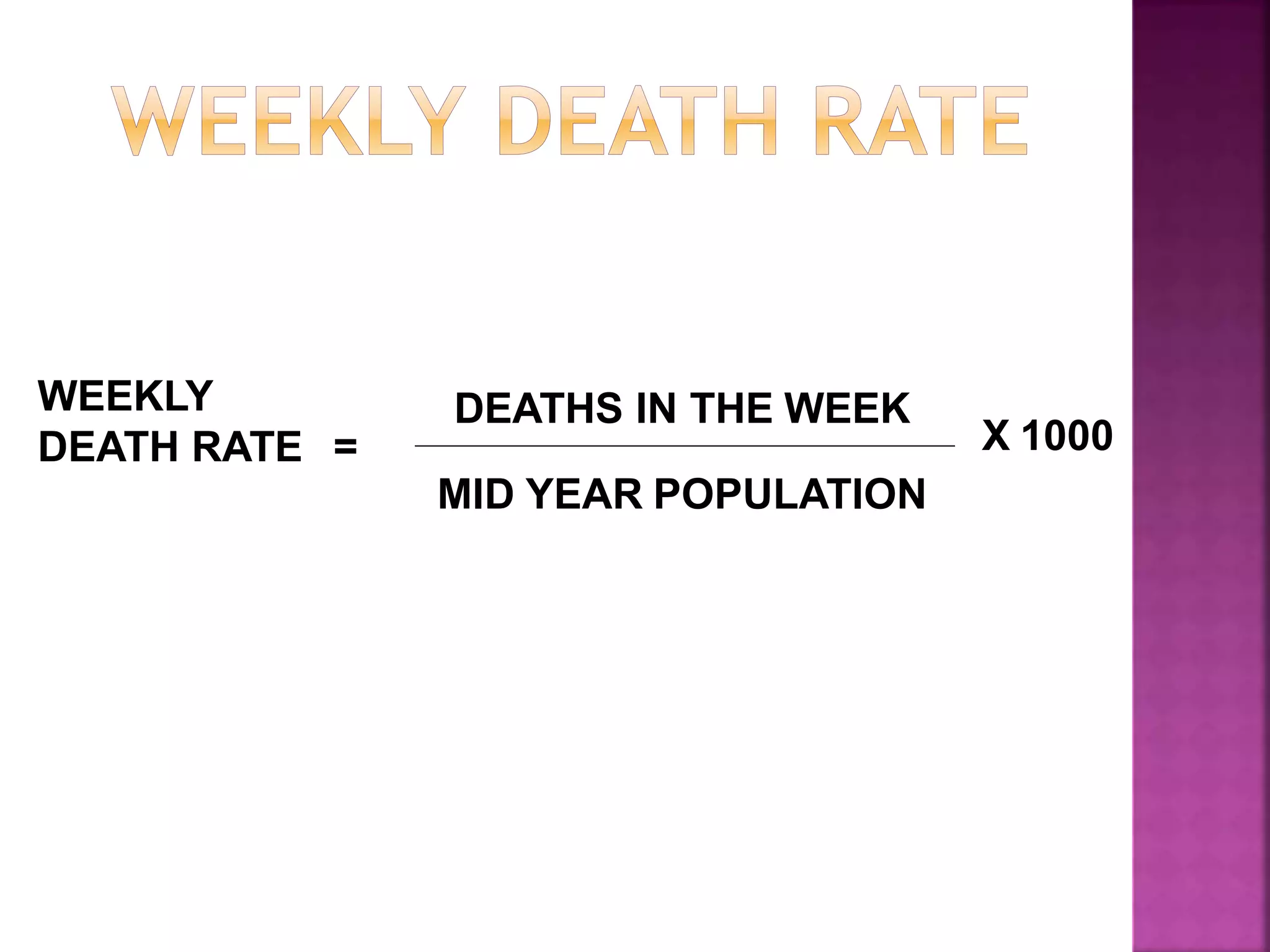 DEATHS IN THE WEEK
MID YEAR POPULATION
WEEKLY
DEATH RATE = X 1000
 