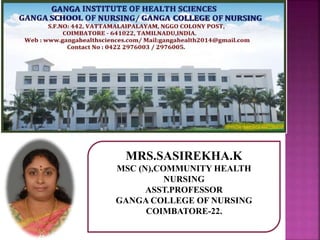 MRS.SASIREKHA.K
MSC (N),COMMUNITY HEALTH
NURSING
ASST.PROFESSOR
GANGA COLLEGE OF NURSING
COIMBATORE-22.
 