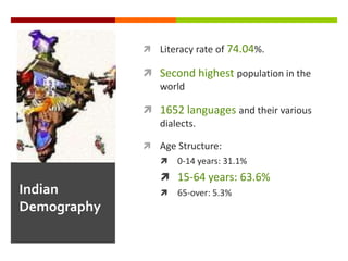  Literacy rate of 74.04%.

              Second highest population in the
               world

              1652 languages and their various
               dialects.

              Age Structure:
                   0-14 years: 31.1%
                 15-64 years: 63.6%
Indian             65-over: 5.3%
Demography
 