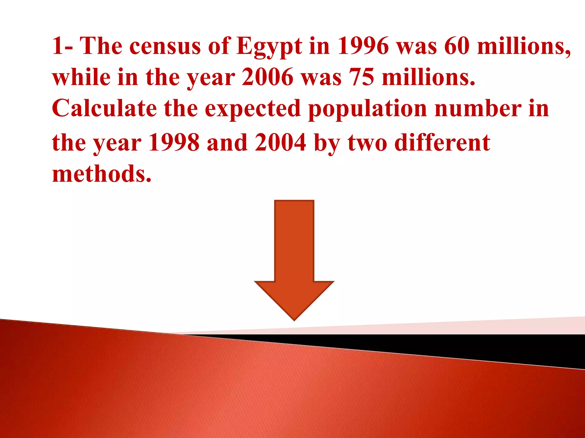 1- The census of Egypt in 1996 was 60 millions,
while in the year 2006 was 75 millions.
Calculate the expected population number in
the year 1998 and 2004 by two different
methods.
 