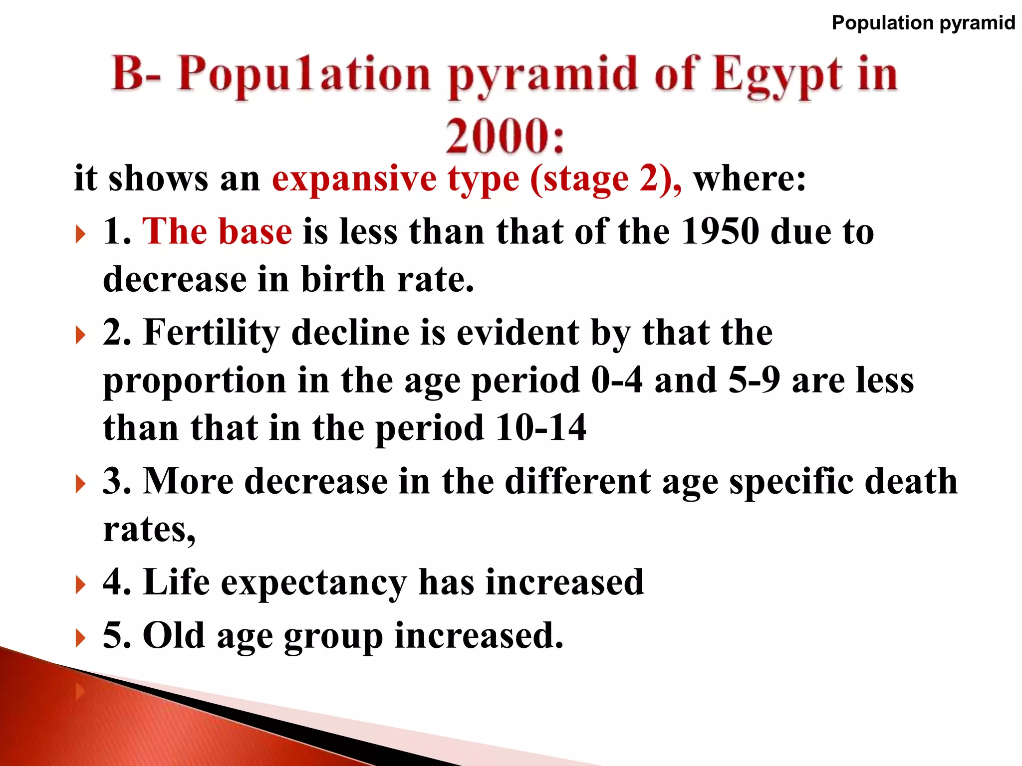 it shows an expansive type (stage 2), where:
 1. The base is less than that of the 1950 due to
decrease in birth rate.
 2. Fertility decline is evident by that the
proportion in the age period 0-4 and 5-9 are less
than that in the period 10-14
 3. More decrease in the different age specific death
rates,
 4. Life expectancy has increased
 5. Old age group increased.

Population pyramid
 