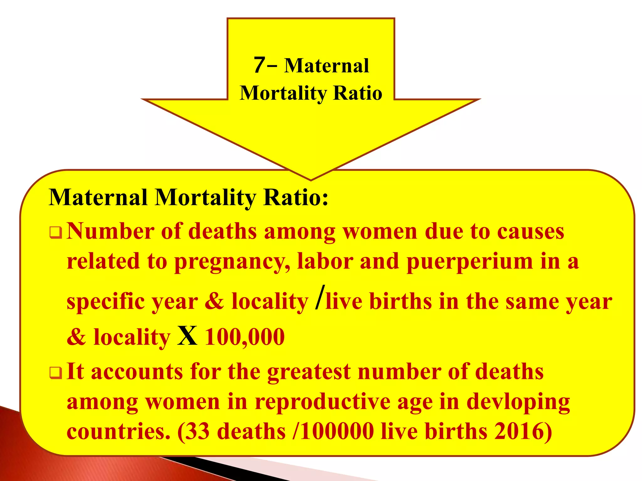 Maternal Mortality Ratio:
 Number of deaths among women due to causes
related to pregnancy, labor and puerperium in a
specific year & locality /live births in the same year
& locality X 100,000
 It accounts for the greatest number of deaths
among women in reproductive age in devloping
countries. (33 deaths /100000 live births 2016)
7- Maternal
Mortality Ratio
 