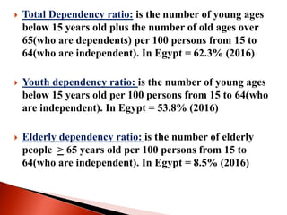1- Birth rate
2-
Life
expectancy
3- Old age group
5- Dependency ratio=
No of dependents/
No. independents
6- Percentage of...