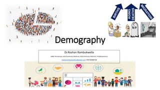 Demography
Dr.Roshan Rambukwella
MBBS (Peradeniya), MSc(Community Medicine), MD(Community Medicine), PGD(Biostatistics)
roshanrambukwella1@gmail.com +94718368758
 