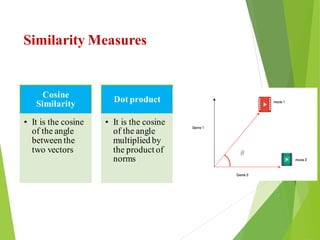 Similarity Measures
Cosine
Similarity
• It is the cosine
of the angle
between the
two vectors
Dot product
• It is the cosine
of the angle
multiplied by
the product of
norms
21
 