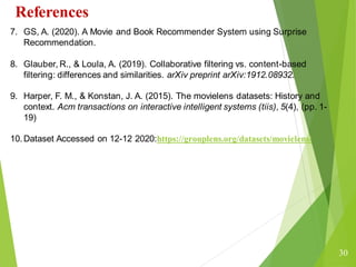 30
References
7. GS, A. (2020). A Movie and Book Recommender System using Surprise
Recommendation.
8. Glauber, R., & Loula, A. (2019). Collaborative filtering vs. content-based
filtering: differences and similarities. arXiv preprint arXiv:1912.08932.
9. Harper, F. M., & Konstan, J. A. (2015). The movielens datasets: History and
context. Acm transactions on interactive intelligent systems (tiis), 5(4), (pp. 1-
19)
10.Dataset Accessed on 12-12 2020:https://grouplens.org/datasets/movielens/
 