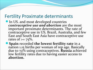 Fertility Proximate determinants
In US. and most developed countries
contraceptive use and abortion are the most
important proximate determinants. The rate of
contraceptive use in US, Brazil, Australia, and few
East and South East Asia have contraceptive use
rates of >= 75%.
Spain recorded the lowest fertility rate in a
nation 1.15 births per woman of rep age. Basically
due to 72% using contraceptives. Russia achieved
low fertility rates due to having easier access to
abortion.
 