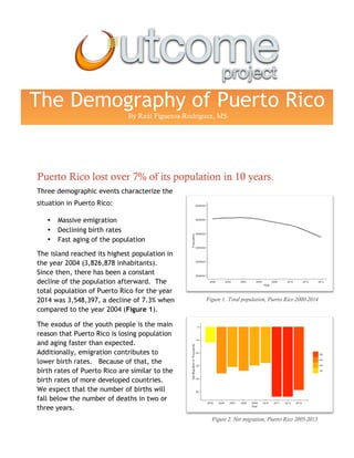 The Demography of Puerto RicoBy Raúl Figueroa-Rodríguez, MS
Puerto Rico lost over 7% of its population in 10 years.
Three demographic events characterize the
situation in Puerto Rico:
 Massive emigration
 Declining birth rates
 Fast aging of the population
The island reached its highest population in
the year 2004 (3,826,878 inhabitants).
Since then, there has been a constant
decline of the population. The total
population of Puerto Rico for the year 2014
was 3,548,397, a decline of 7.3% when
compared to the year 2004 (Figure 1).
The exodus of youth people is the main
reason Puerto Rico is losing population and
aging faster than expected. Additionally,
emigration contributes to lower birth rates.
Because of that, the birth rates of Puerto
Rico are similar to the birth rates of more
developed countries. We expect that the
number of births will fall below the number
of deaths in two or three years.
Figure 1. Total population, Puerto Rico 2000-
2014
Figure 2. Net migration, Puerto Rico 2005-2013
 