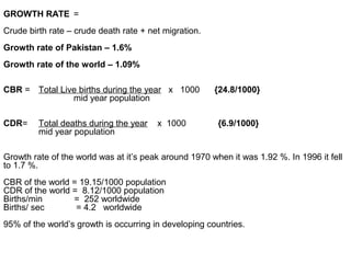 GROWTH RATE =
Crude birth rate – crude death rate + net migration.
Growth rate of Pakistan – 1.6%
Growth rate of the world – 1.09%
CBR = Total Live births during the year x 1000 {24.8/1000}
mid year population
CDR= Total deaths during the year x 1000 {6.9/1000}
mid year population
Growth rate of the world was at it’s peak around 1970 when it was 1.92 %. In 1996 it fell
to 1.7 %.
CBR of the world = 19.15/1000 population
CDR of the world = 8.12/1000 population
Births/min = 252 worldwide
Births/ sec = 4.2 worldwide
95% of the world’s growth is occurring in developing countries.
 