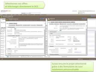 Sélectionnez vos offres
et téléchargez directement le DCE.




                                     Suivez ensuite le projet sélectionné
                                     grâce à des formulaires de suivi
                                     totalement personnalisable
 