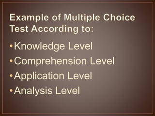 •Knowledge Level 
•Comprehension Level 
•Application Level 
•Analysis Level 
 