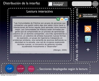 Distribución de la interfaz                                                                                  Buscar...       Historial




                                                                                    Área de info complementaria y activa
                                        Lectura interactiva


                      "Las Comunidades de Práctica son grupos de personas que
                      comparten una pasión sobre algo que saben cómo hacer e
                     interaccionan de forma regular para aprender cómo hacerlo
                       mejor. Las Comunidades de Práctica están formadas por
                       gente que se compromete en un proceso de aprendizaje
                    colectivo en un dominio compartido: una tribu aprendiendo a
                     sobrevivir, un colectivo de artistas buscando nuevas formas
                         de expresión, un grupo de ingenieros trabajando en
                    problemas similares, una camarilla de alumnos definiendo su
                       identidad en la escuela, una red de cirujanos explorando
                          técnicas nuevas, un encuentro de gestores noveles
                               ayudándose mutuamente a "desarrollar"

                                                                  (Wenger, 2006)
                                                                                                                             +

           CoP                Las CoP    deﬁnición   ... Secciones desplegadas según la lectura
domingo 13 de marzo de 2011
 
