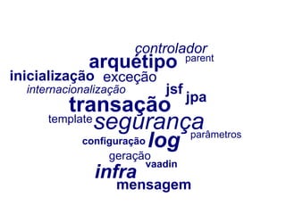 transação arquétipo parent configuração inicialização exceção mensagem internacionalização parâmetros log segurança infra geração template controlador jsf jpa vaadin 