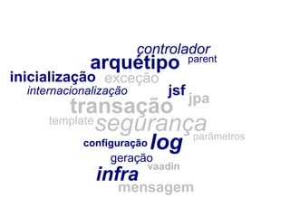 transação arquétipo parent configuração inicialização exceção mensagem internacionalização parâmetros log segurança infra geração template controlador jsf jpa vaadin 