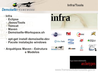 Infra/Tools

➢

Infra
➢ Eclipse
➢ Jboss/Tools
➢ Tomcat
➢ Maven
➢ Demoiselle-Workspace.sh
➢
➢

➢

apt-get install demoiselle-dev
Pacote instalação windows

Arquétipos Maven - Estrutura
e Modelos

www.frameworkdemoiselle.gov.br

 
