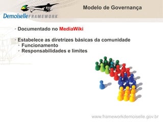 Modelo de Governança

➢

➢

Documentado no MediaWiki
Estabelece as diretrizes básicas da comunidade
➢ Funcionamento
➢ Responsabilidades e limites

www.frameworkdemoiselle.gov.br

 