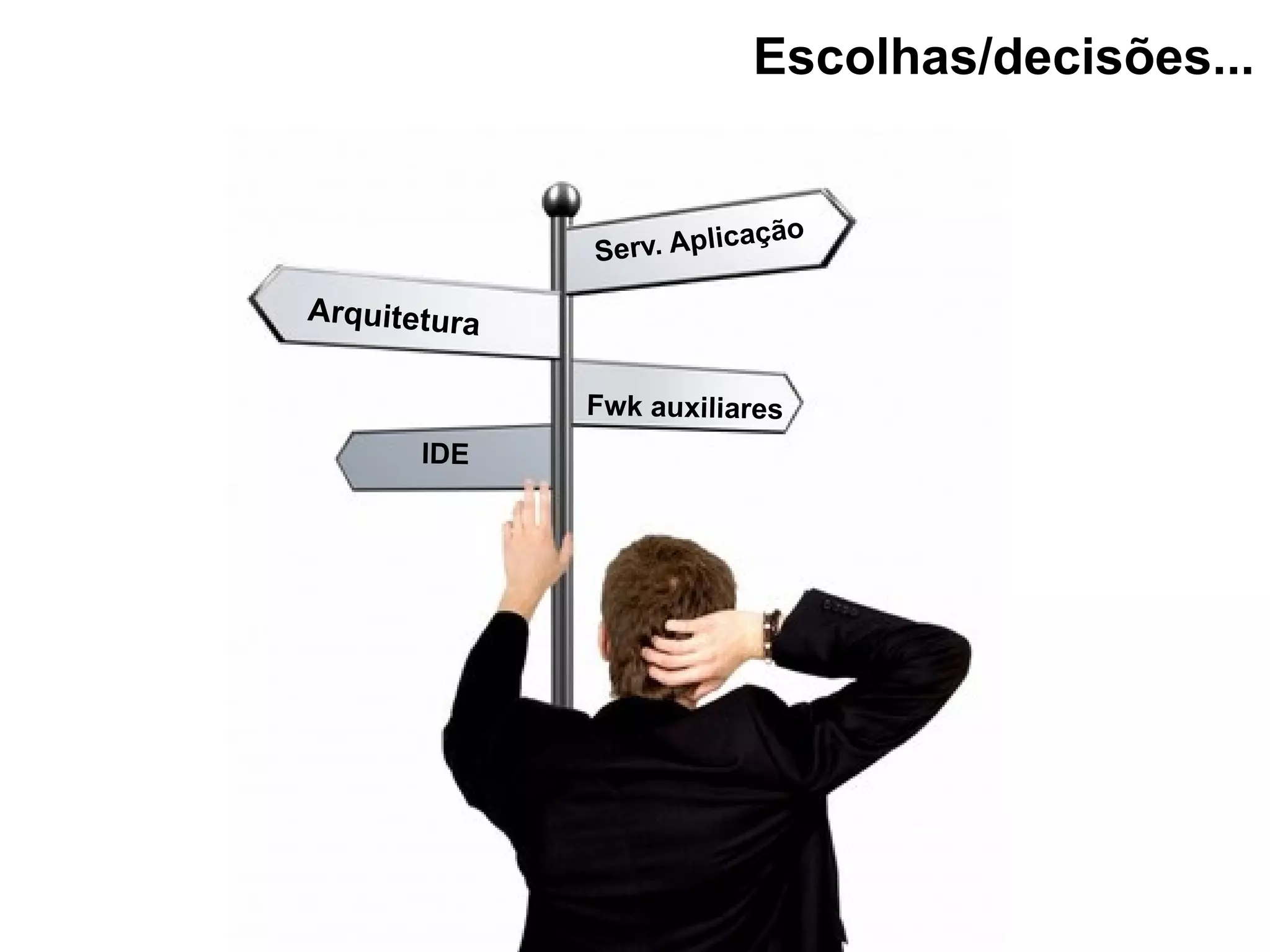 Escolhas/decisões... cação Serv. Apli Arquitetura Fwk auxiliares IDE 