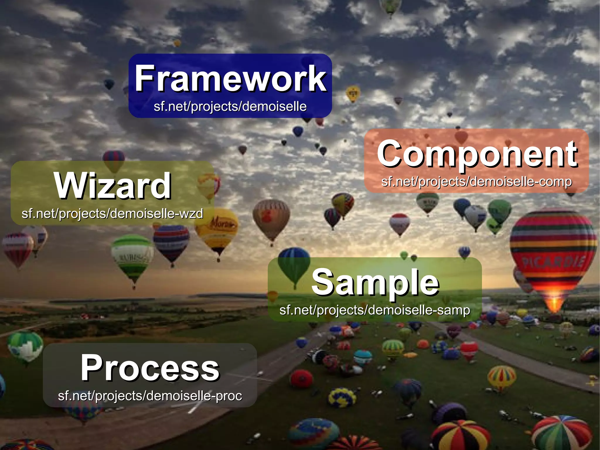 Framework sf.net/projects/demoiselle Component Wizard sf.net/projects/demoiselle-comp sf.net/projects/demoiselle-wzd Sample sf.net/projects/demoiselle-samp Process sf.net/projects/demoiselle-proc 